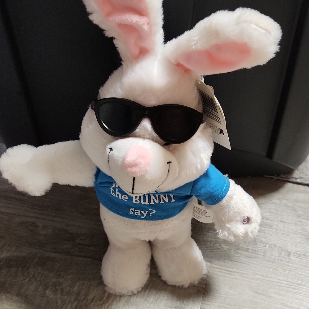 BNWT White Plush Singing Bunny with Sunglasses and Blue Shirt